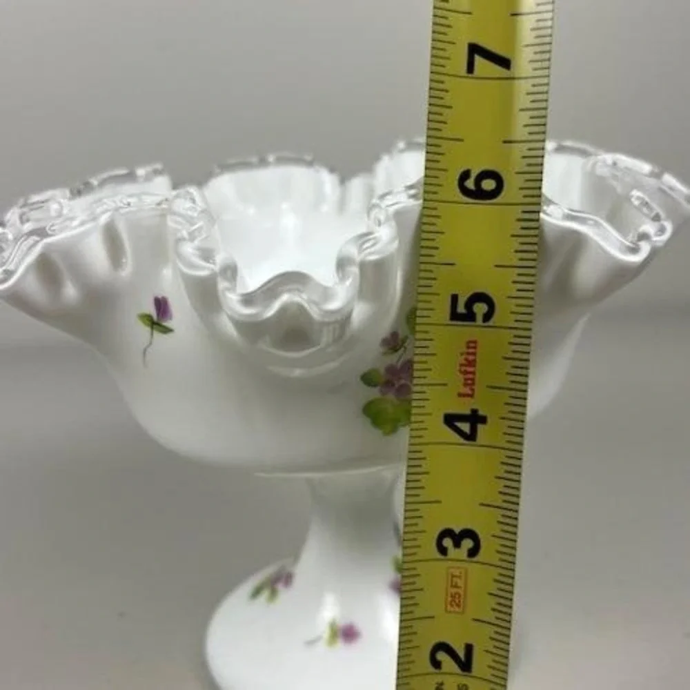 Fenton Milk Glass Violets in the Snow Ruffled Silver Crest Pedestal Compote Bowl